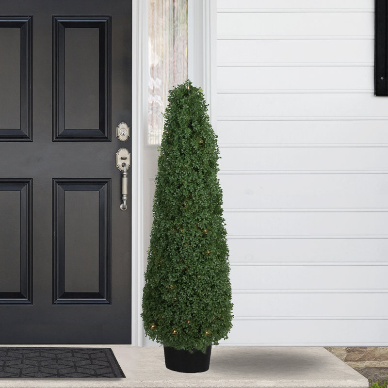 4' Pre-Lit Green Artificial Boxwood Cone Topiary with Black Pot