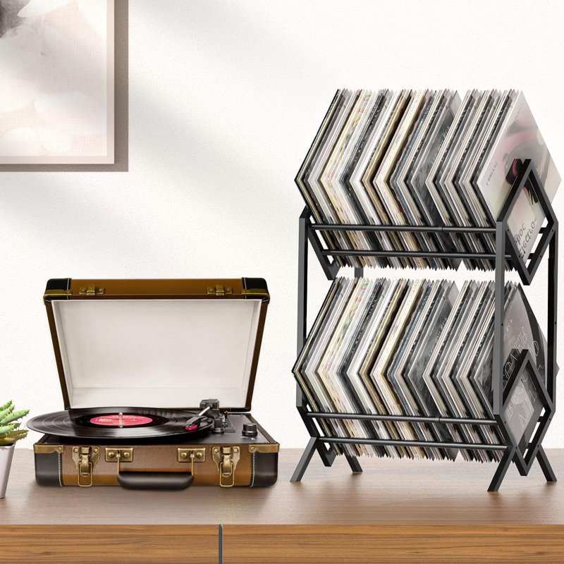 Two layer vinyl record storage rack with partitions