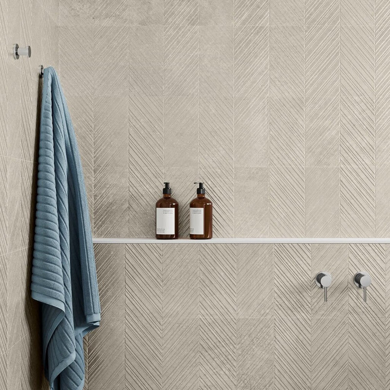 Stoneside Chevron 12x36 Textured Matte Ceramic Tile, Cream Beige