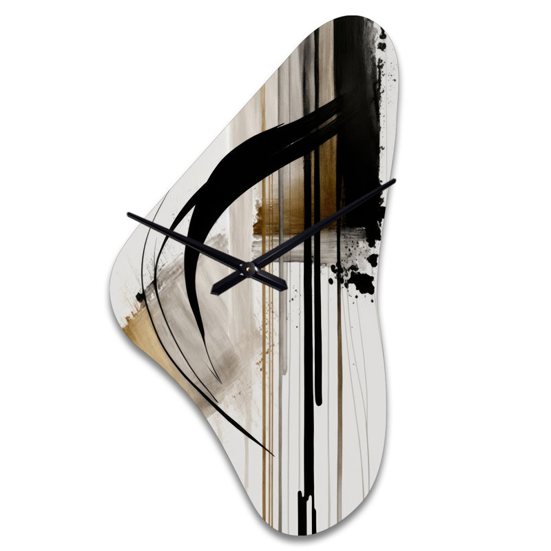 Noir, blanc et or Expression I - Horloge murale abstraite de forme unique en métal, impression d'horloge murale asymétrique moderne