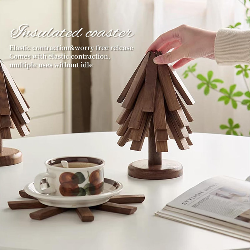 Dessous de plat pliables en noyer (lot de 4), décoratifs en forme de sapin de Noël, pour plats chauds, casseroles et théières, protection de table.