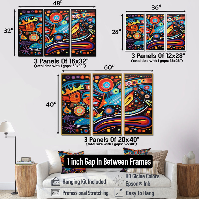 Indigènes composition grand mystère - ensemble d'art mural amérindien, H 28 po x l 36 po x P 1 po, Cadre flottant noir