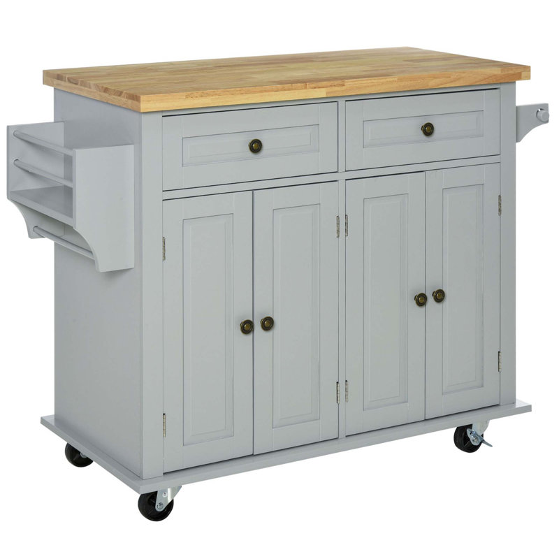 Kitchen Island On Wheels With Rubberwood Top, Spice Rack, Towel Rack, And Drawers For Organized Dining, Gray