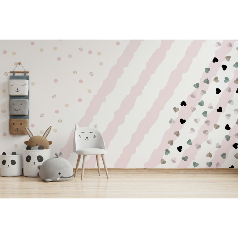 Pink Stripe Hearts and Confetti Kids Wallpaper, 106"L x 187"W
