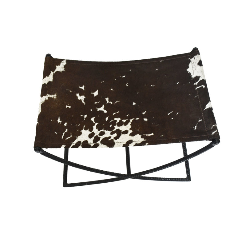 Tabouret d'appoint en cuir de vache avec base en fer, Brun / Blanc