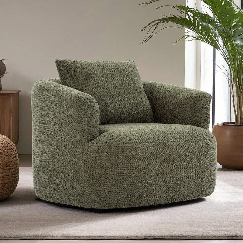 Modern 360° Swivel Boucle Accent Chair with Pillow, Green