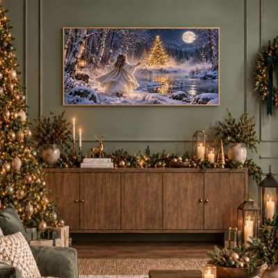 «Girl Reaching for Glowing Tree in Snowy Forest Christmas», art mural sur toile