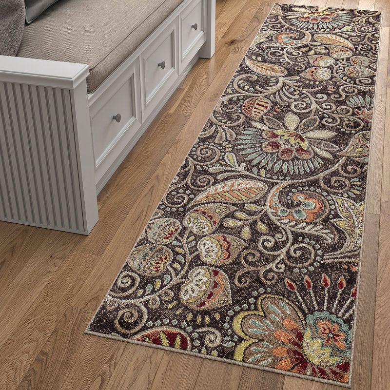 Tapis brun à motif floral Juliet, Tapis de couloir 2 pi 3 po x 7 pi 7 po
