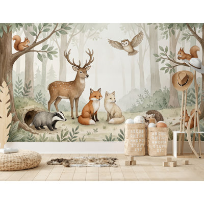 Misty Forest Wallpaper Woodland Animals Watercolor Wall Mural