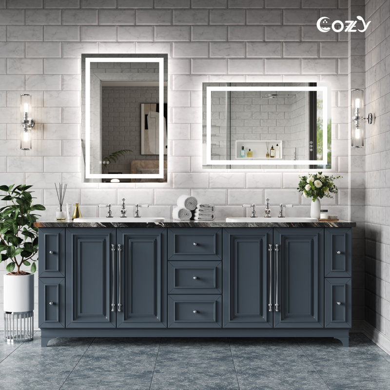 LED Bathroom Mirror with Front & Back LED Lighted Anti-Fog Tempered Glass Vanity Mirror, 3 Colors Temperature & Dimmable Light