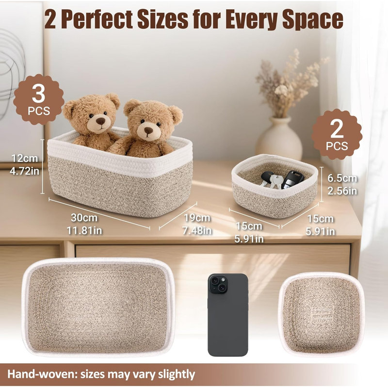 5 Pack Small Woven Rope Storage Baskets， 2 Sizes Organizer Bins For Closet, Shelf, Bookshelf, Nursery, Changing Table, Fabric Cube Boxes, Rectangular Shallow Bins For Bathroom, Toy ， Home