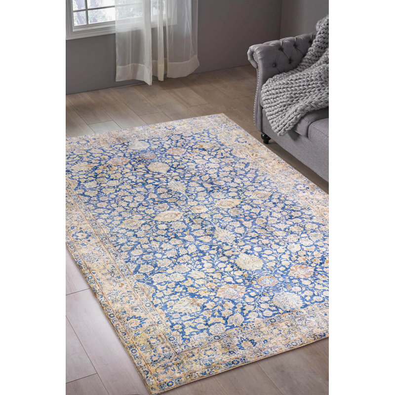 Tapis décoratif bleu en polyester oriental beige doux tissé à la machine, Rectangle 5 pi 3 po x 7 pi 7 po