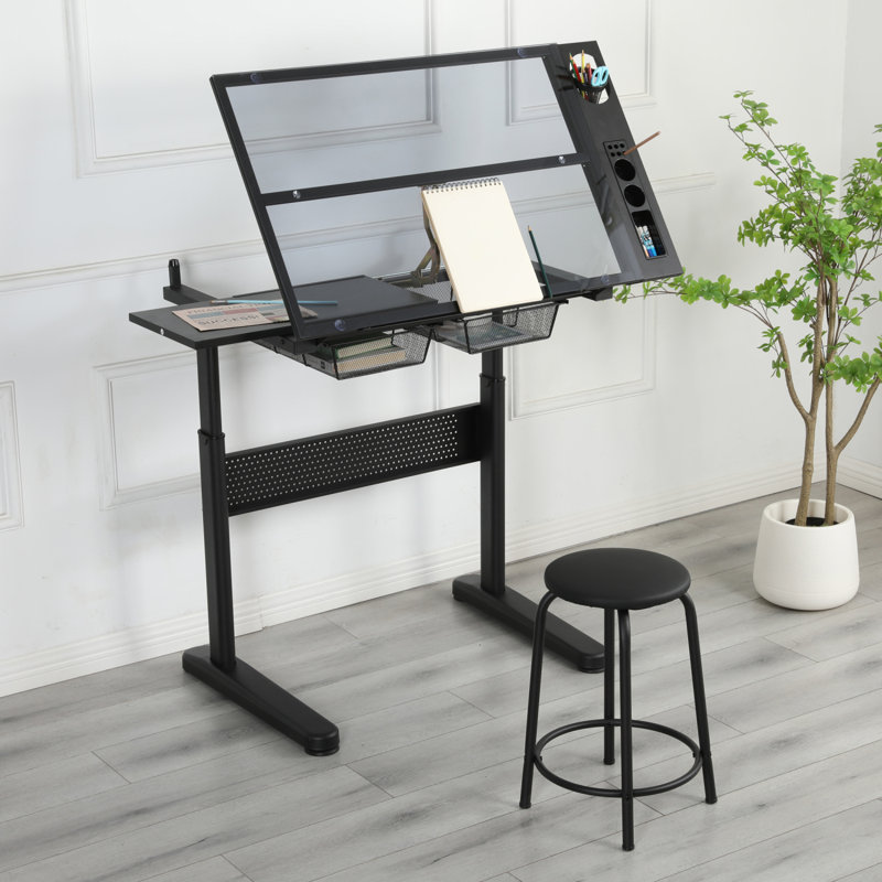 Hand Crank Adjustable Drafting Table Drawing Desk With 2 Metal Drawers WITH STOOL