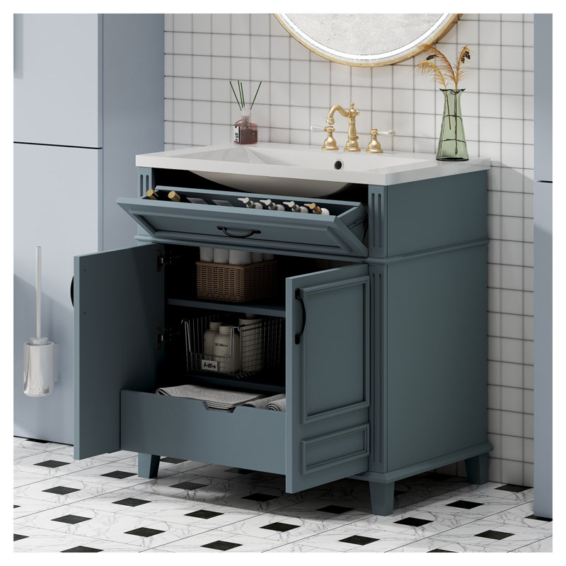 Meuble-lavabo de salle de bain rétro 30 po avec lavabo en céramique et structure en bois massif bleu
