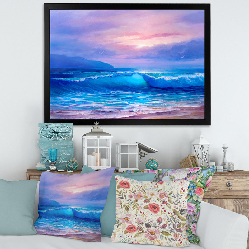 «Golden Sunset Over The Sea By The Beach», reproduction sur toile, Toile avec cadre noir, H 30 po x l 40 po x 1,5 po