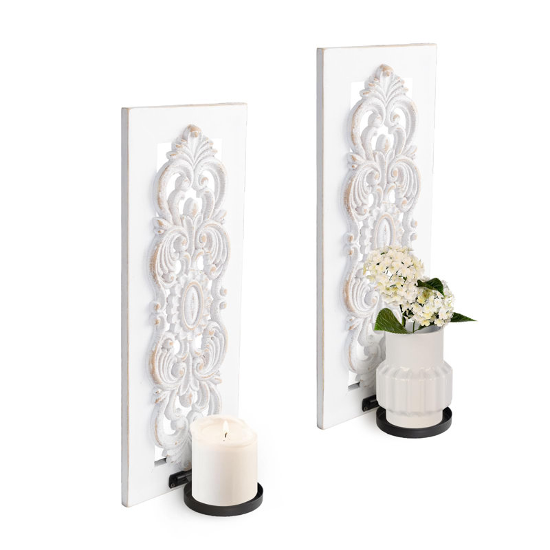 Rustic Wood Candle Sconces Set Of Two, Shabby Chic Wall Decor, Distressed Carved White Wooden Wall Candle Holder For Farmhouse, Bedroom, Fireplace