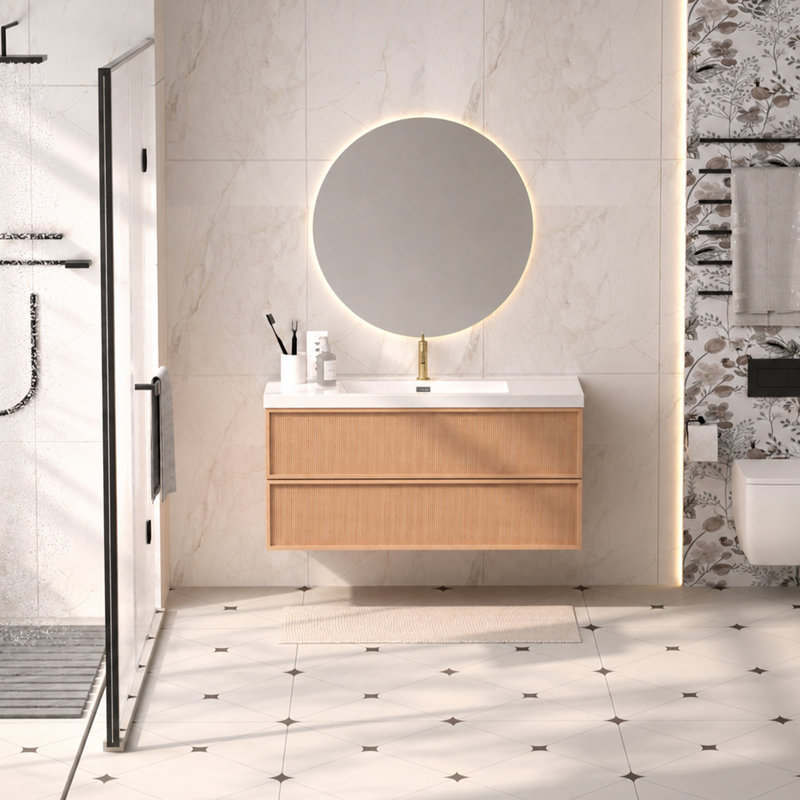 Meuble-lavabo suspendu Vitrasa 48 po à rayures noyer avec lavabo intégré, meuble de salle de bain moderne fixé au mur avec 2 tiroirs à fermeture amortie, préassemblé avec lavabo en céramique intégré – Bois naturel