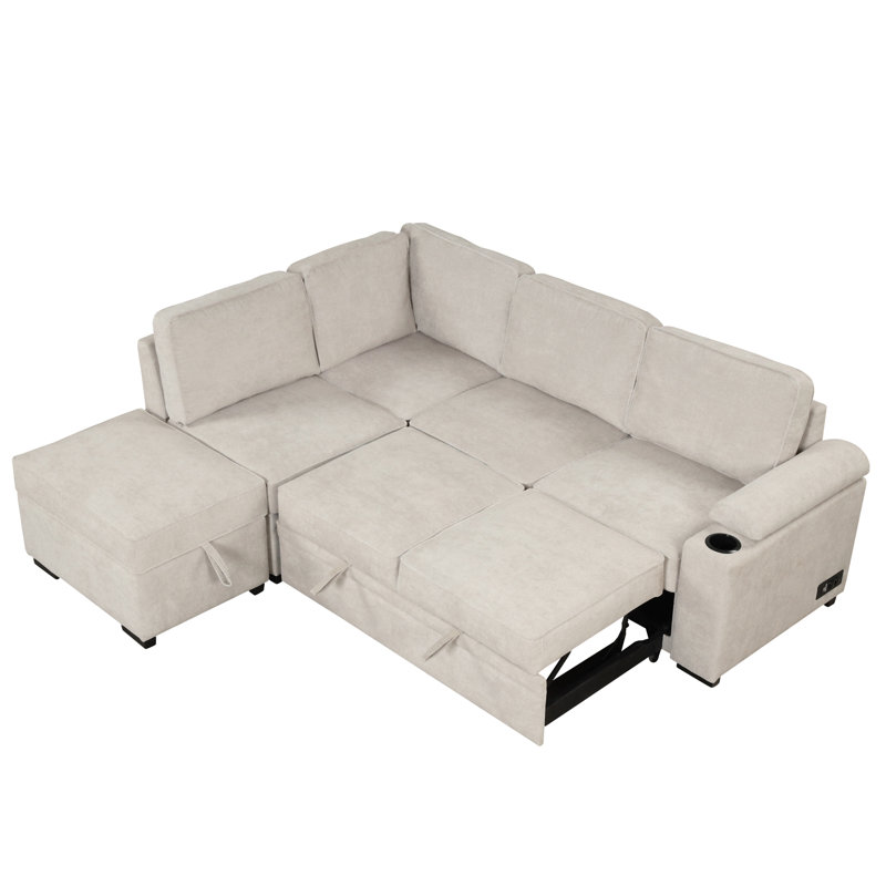 84.75" Sleeper Sofa With Storage Ottoman For Living Room, Beige Linen, Left Hand Facing