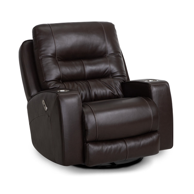 Leather Power Swivel Recliner With Cupholders, Brown
