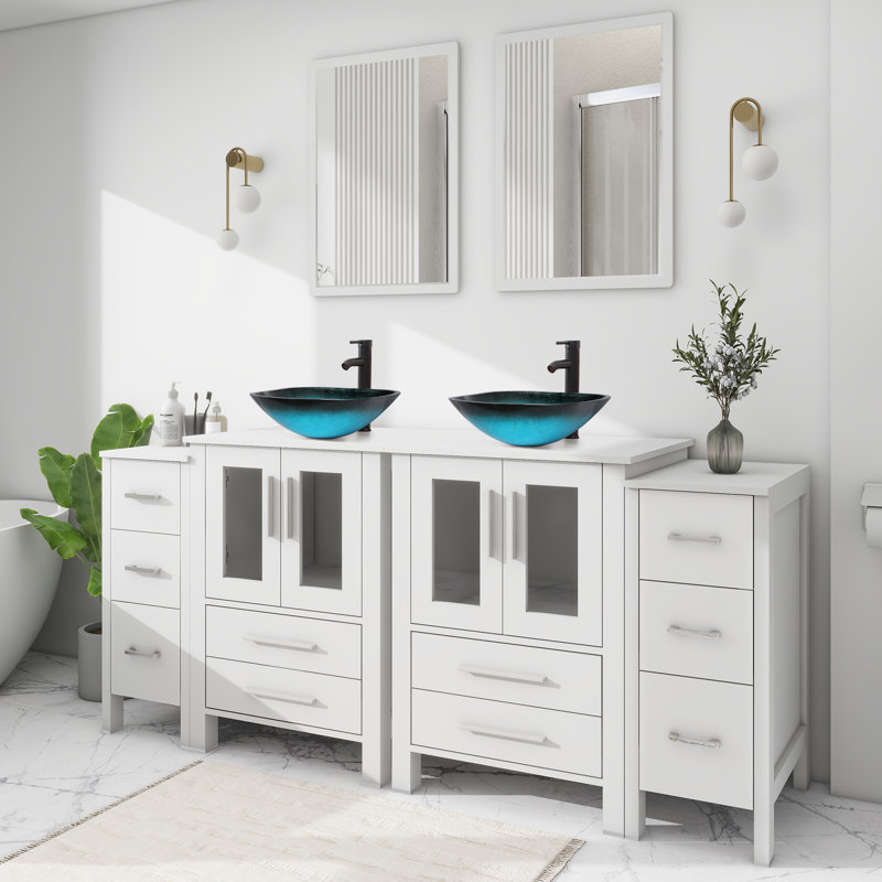 Ensemble de meuble-lavabo double 72 po avec lavabo en verre, robinet économiseur d'eau, Blanc, Blanc