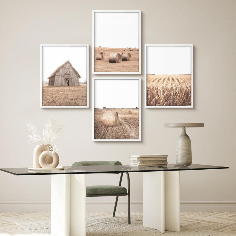 «Rustic Farmhouse sépia-toned Barn and Field Modern Artwork Minimalist Wall Decor», 4 pièces, Blanc, H 14 po x l 11 po