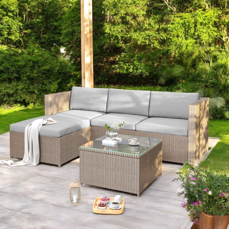 Wicker 4 - Person Garden Lounge Set with Cushions, Light Grey/Khaki