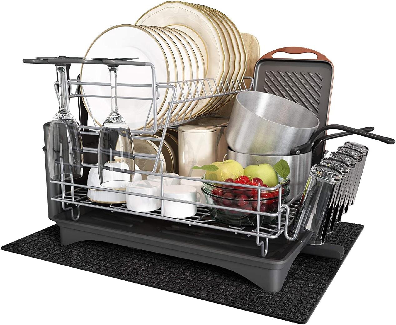 KINGRACK Dish Drying Rack,2-Tier Dish Rack and Drainboard Set with Utensil Holder, Cup Holder, Cutting Board Holder and Large Dish Drainer for Kitchen