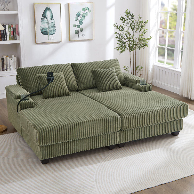 Canapé moderne avec méridienne 75,5 po Canapé-lit avec dossier réglable, porte-gobelets, porte-téléphone et compartiments de rangement pour le salon, vert
