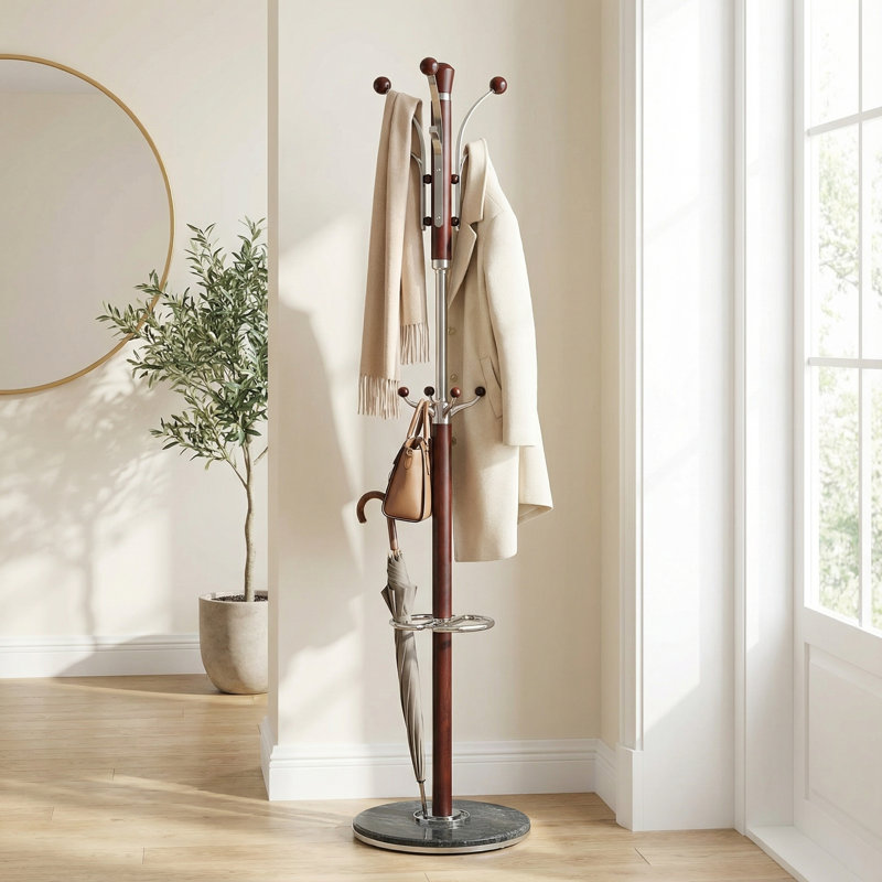 Solid Wood Freestanding Coat Rack, Dark Red-Brown