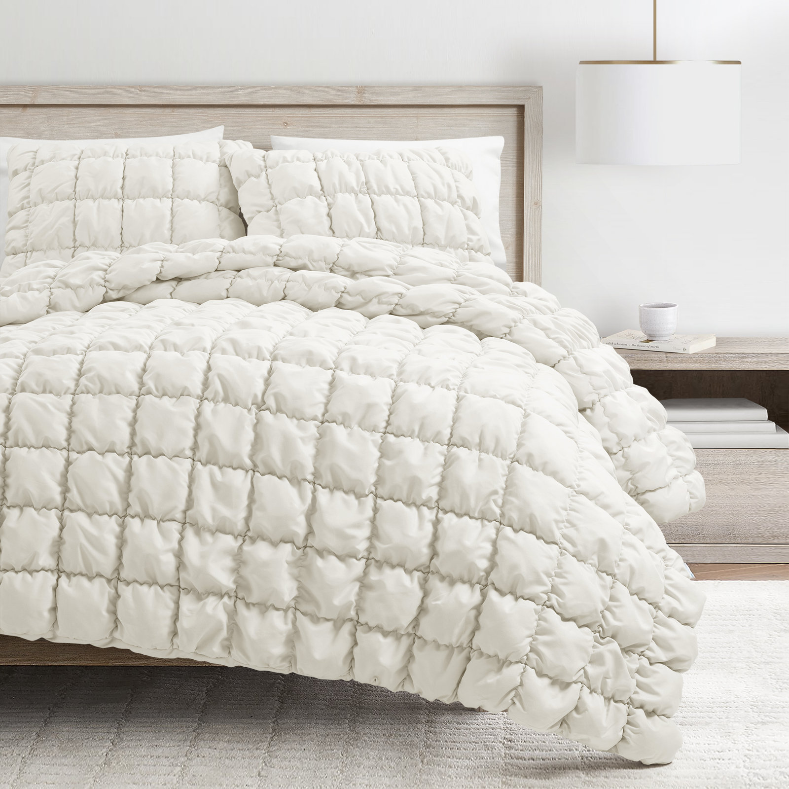 Puff Comforter Set, Queen Comforter + 2 Standard Shams, White