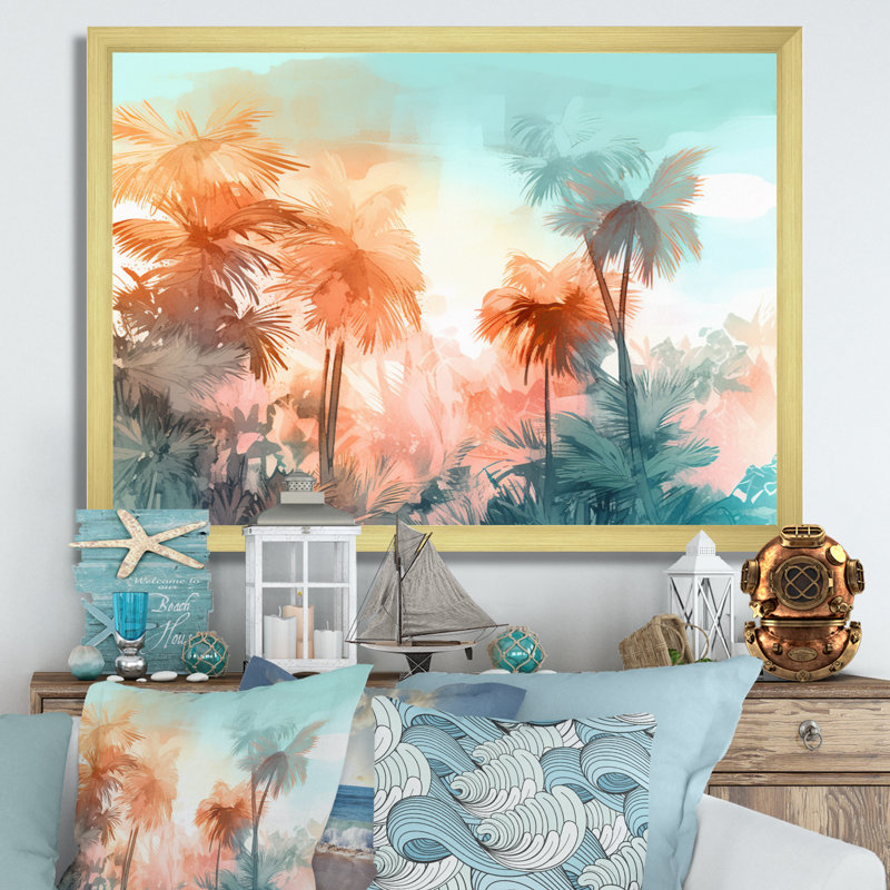 " Majestic Tropical Palm Trees II ", 12" H x 20" W x 1" D, Gold Picture Framed