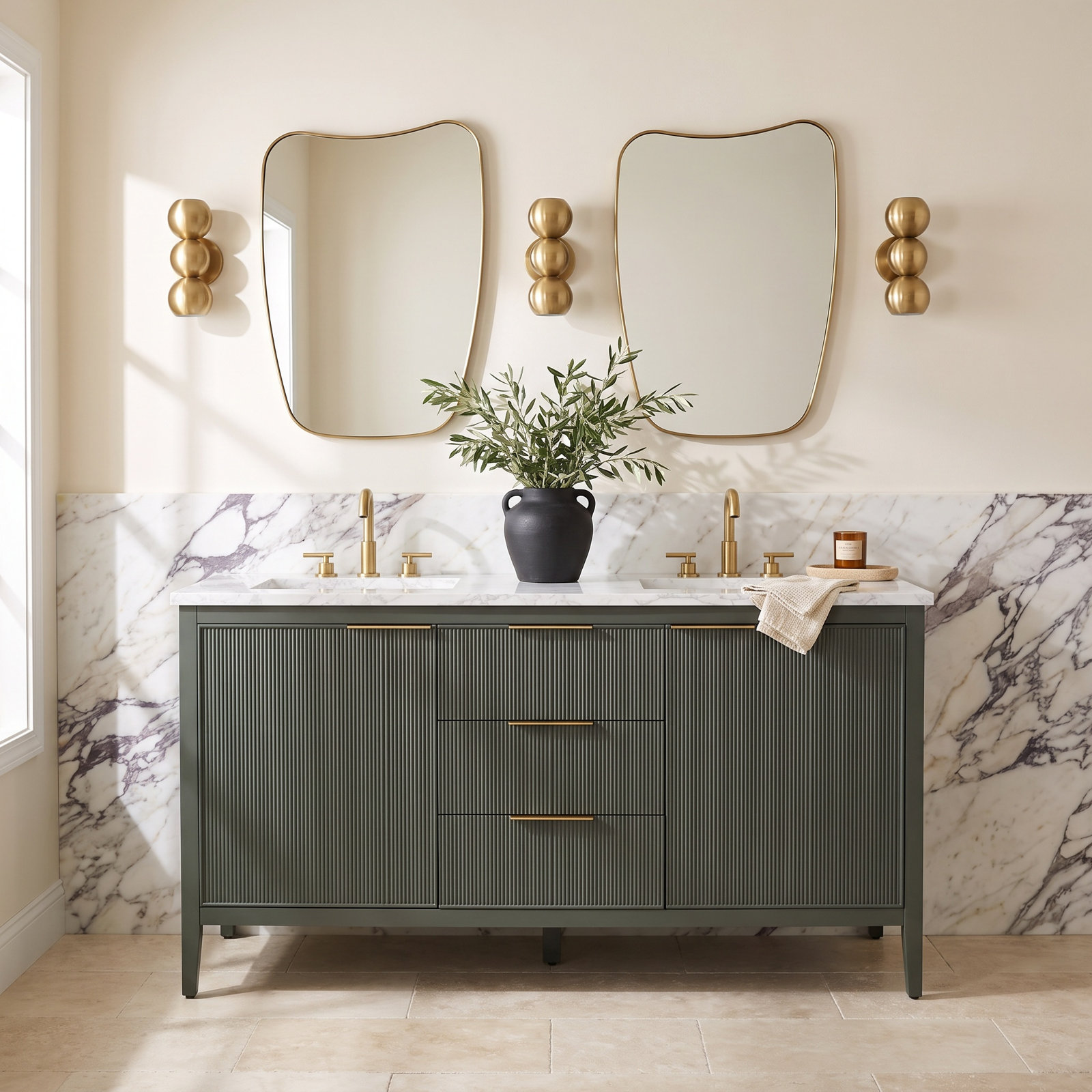 Bilroy 54" Pine Double Bathroom Vanity, Vintage Green/Brushed Bronze