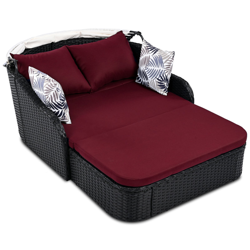 Chaise longue en osier avec auvent réglable, Rouge