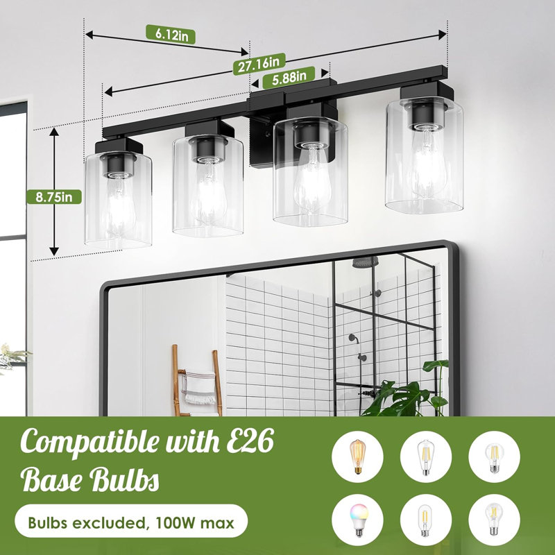 Luminaire de meuble-lavabo moderne avec abat-jour en verre transparent, applique murale 4 lumières pour miroir, chambre à coucher, salon, durable, compatible avec douille E26