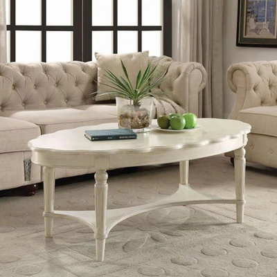 Table basse ovale avec tablette inférieure, blanc antique
