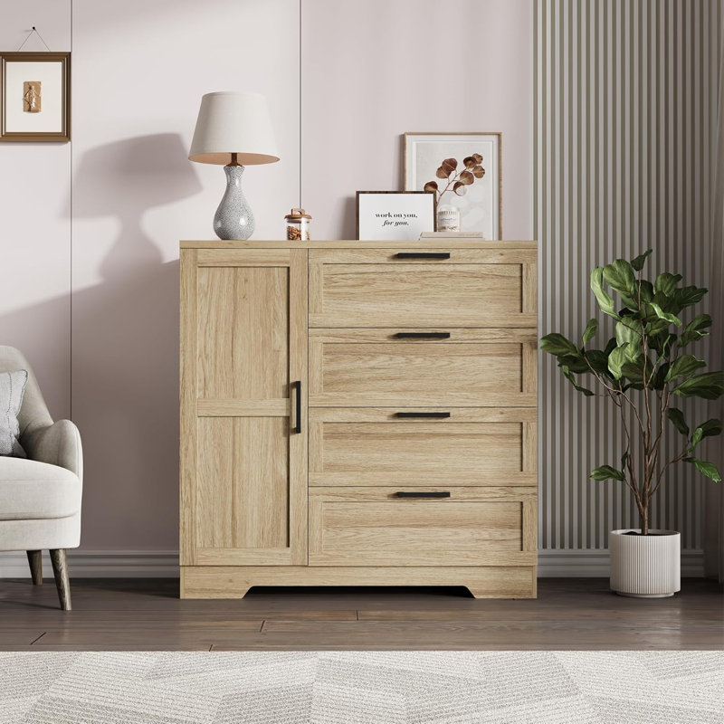 Wood Armoire Wardrobe Closet with 4 Drawers and Door, 43.3" H Bedroom Wardrobe Cabinet with Hanging Rod, Clothing Storage Cabinets, 4 Drawers Dresser with Storage Closet