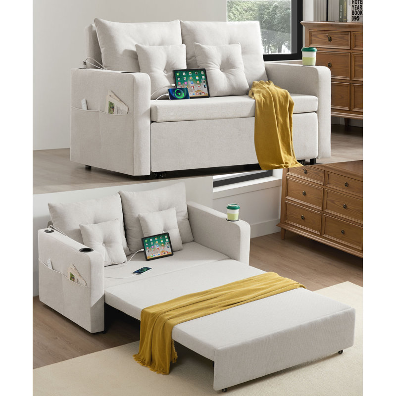 Canapé-lit à accoudoirs carrés convertibles 56 po 3 en 1 avec causeuse convertible avec USB et porte-gobelets, Beige