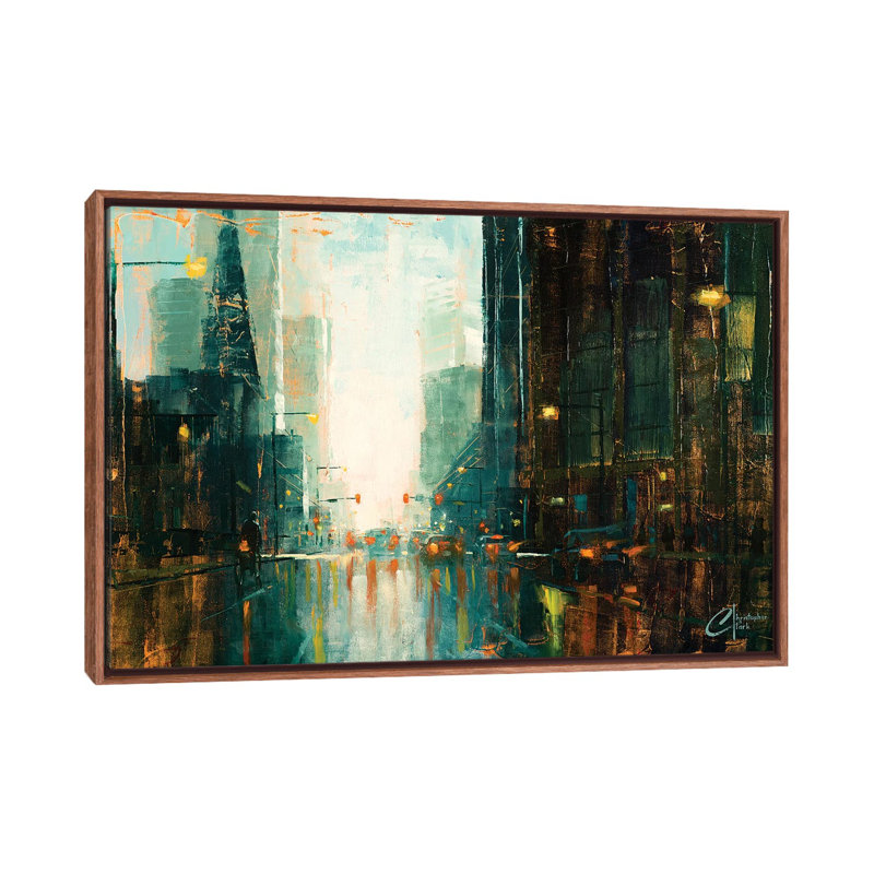 Denver - Broadway In The Rain I by Christopher Clark - Painting on Canvas, 66.04 cm H x 45.72 cm W, Classic Brown Wood Framed
