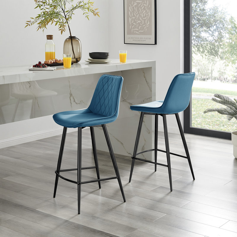 Palermo Velvet Modern Quilted Kitchen Breakfast Bar Stools - Upholstered Design, Black, Blue