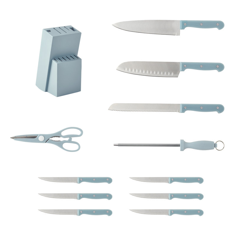 Ensemble de 12 couteaux de cuisine en acier inoxydable avec bloc de bois Basic Essentials, Bleu