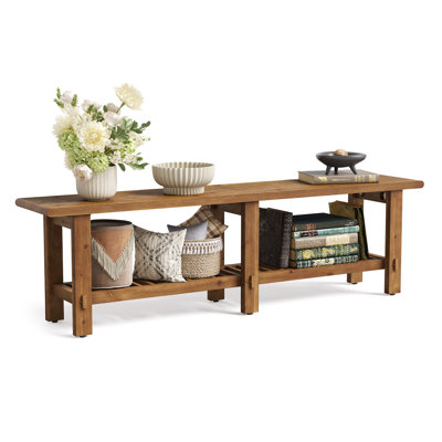 63 Inch Rustic Solid Wood Entryway Shoe Bench With Storage Shelf