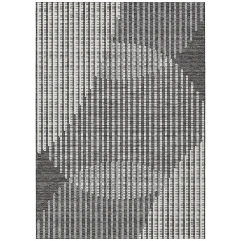 3' X 5' Charcoal Geometric Washable Indoor Outdoor Area Rug