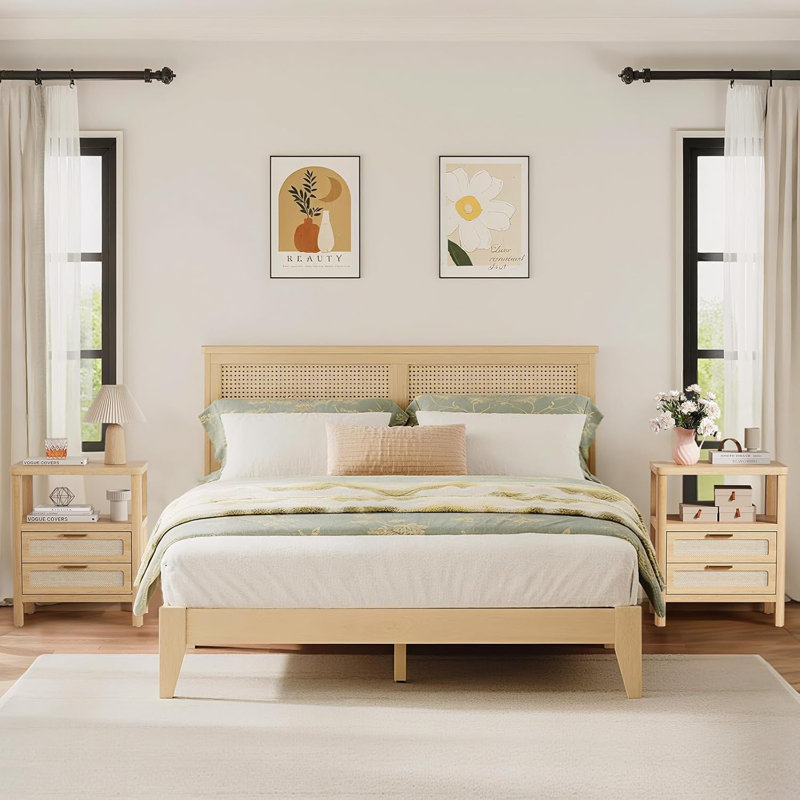 Ensemble de 2 tables de chevet en chêne clair avec coins arrondis, rangement à 2 niveaux avec tiroir et tablette ouverte pour la chambre à coucher Nightstands
