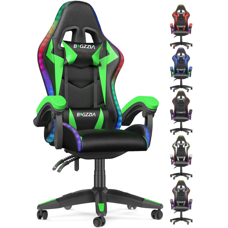 Reclining Gaming Chair with LED Lights and Headrest, Black/Green