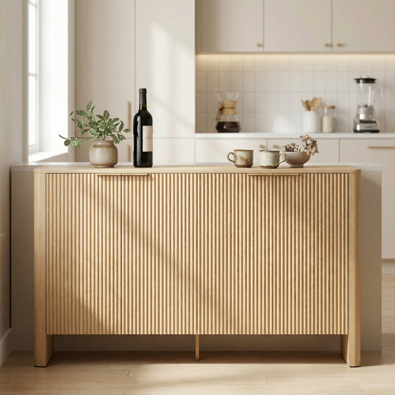 61" Modern Curved Sideboard Buffet Cabinet With 4 Fluted Doors, Adjustable Shelves & Elevated Base, Oak/Oak