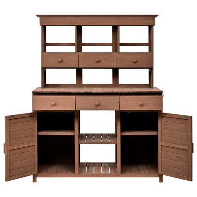 Poste de travail pour la cuisine 65,7 po avec - bois de sapin, 6 tiroirs, 2 armoires, 3 tablettes, crochets latéraux, rangement de jardin ergonomique brun de 65,7 po de hauteur,