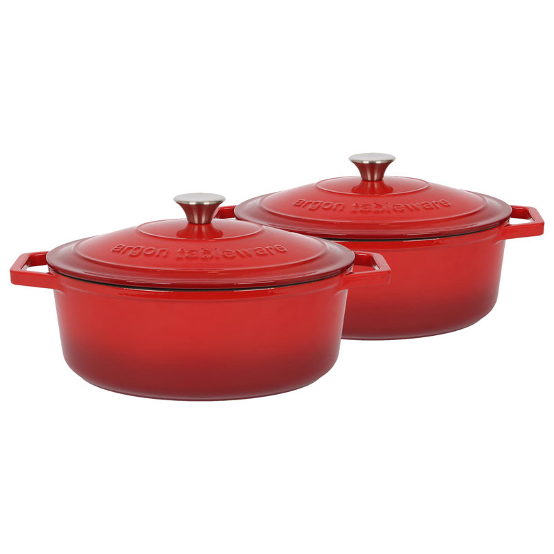 Argon Tableware - Oval Cast Iron Casserole Dishes - 4.68L - Pack of 2, Red