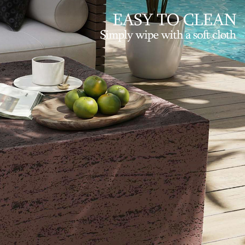 28" Magnesium Oxide Outdoor Square Coffee Table,Rust Red with Natural Stone Texture, Rust Red