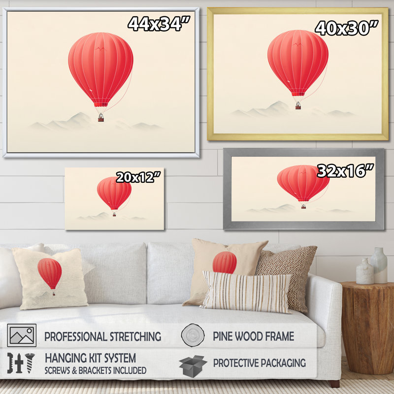 Coral Hot Air Ballon Minimalist I - Transportation Canvas Prints, H 16 po x l 32 po x P 1 po, Cadre flottant doré