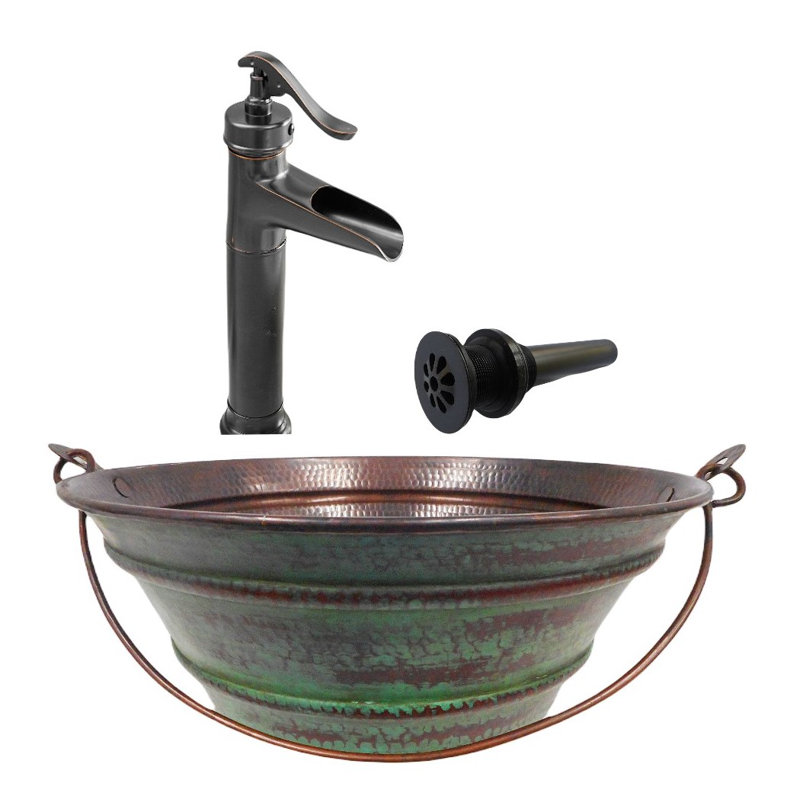 Lavabo vasque en cuivre 15 po, extérieur délavé vert, accessoires inclus